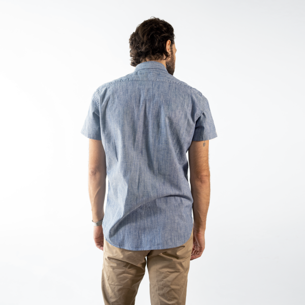 Men s Short Sleeve Blue Stretch Service Chambray Online Hot Sale