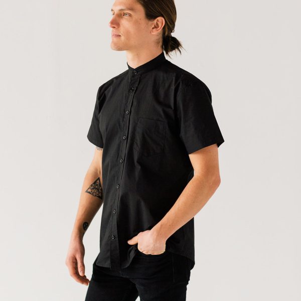 Men s Black Short Sleeve Banded Collar Service Shirt Online Hot Sale